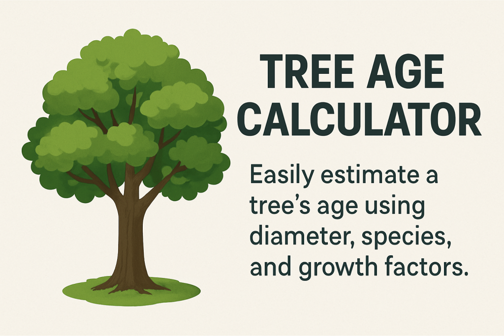 Illustration of a tree next to the text “Tree Age Calculator — estimate tree age by diameter and growth factors.