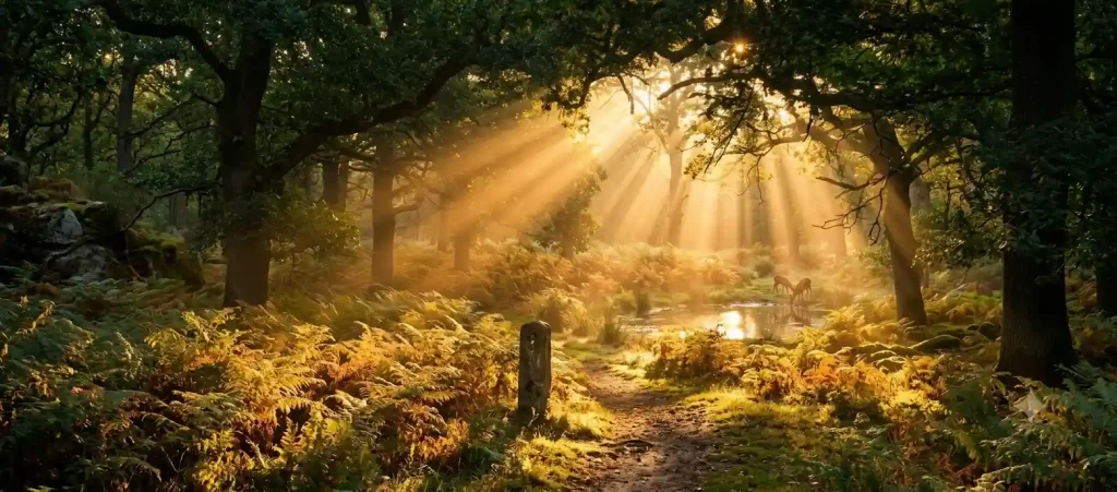 A panoramic, wide shot of an enchanted forest path winding through a field of golden-green ferns. Dramatic, brilliant sunbeams pierce through the dense canopy of old oak trees, illuminating a misty clearing where deer drink from a small, reflective pond.
